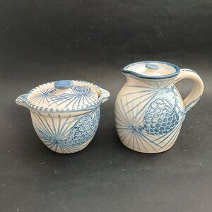 VTG Dorchester Pottery Crock & Jug with Lids Blue Pine Signed C.A.H. Set of 2